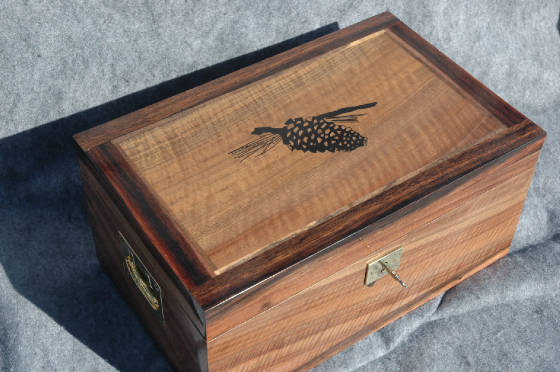 wedding keepsake box with inlay handles lock top view