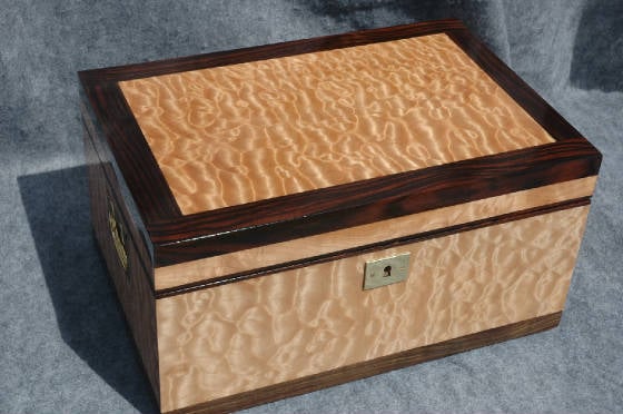 quilted maple with ebony trim memory box  lock handles front view