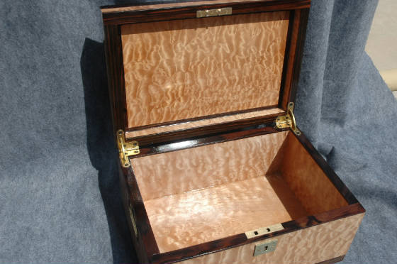 quilted maple instrument quality keepsake box with ebony trim lock open lid