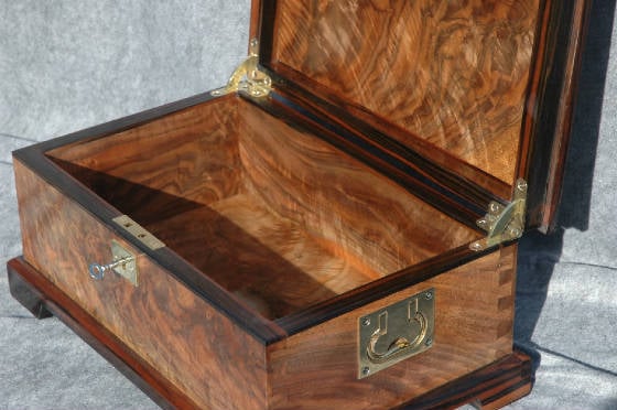 museum quality wooden box crotch walnut ebony trim lock handles open lid