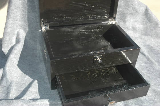 keepsake box with lock lid and drawer open