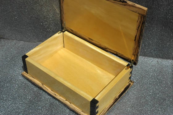 wooden memory box with ebony trim open lid view