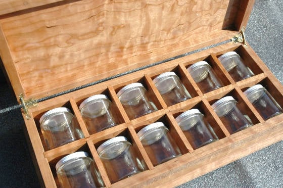 custom built wood jar box  cherry wood  with wood inlay open