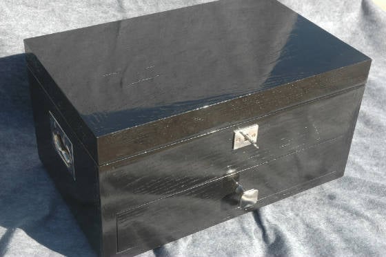 black lacquar wooden memory box with lock and handles and drawer