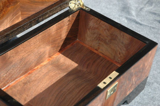 luxurious wooden keepsake box crotch walnut lock ebony trim bookmatched  open lid