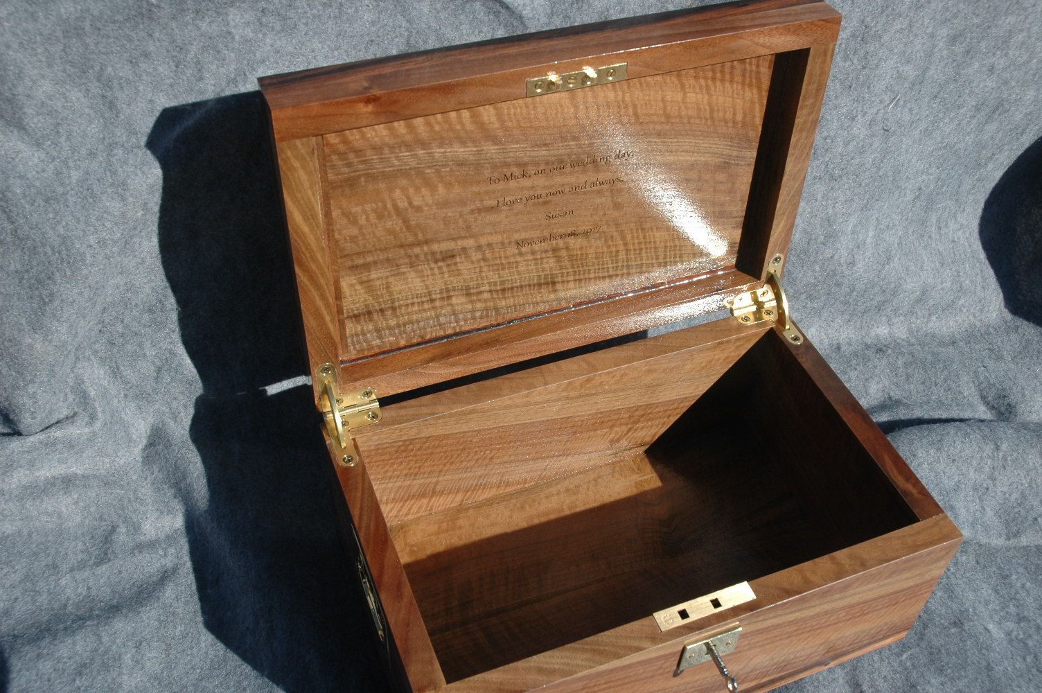 wedding keepsake box with inlay handles lock open lid