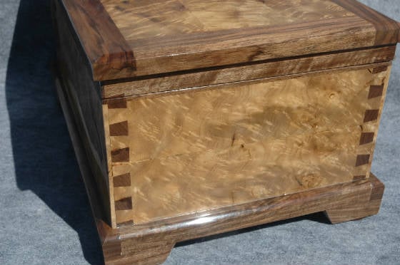 myrtle burl keepsake box walnut trim right side