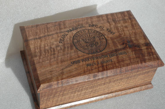 Mr. Ewalt J Shatz custom walnut wood memory keepsake box with US Navy engraving top