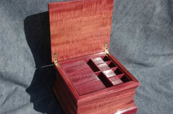 handcrafted jewelry box purple heart concave sides two jewelry trays open tray