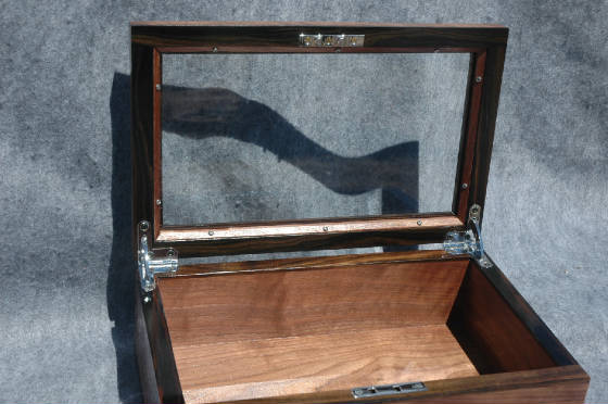 custom handcrafted display box glass top lock ebony trim open