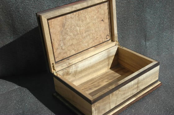 handcrafted wooden keepsake box myrtle wood trim  open lid