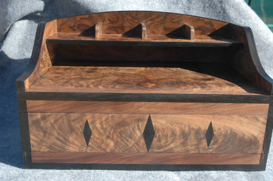 custom valet box with drawer shelf figured walnut inlay ebon trim front drawer closed