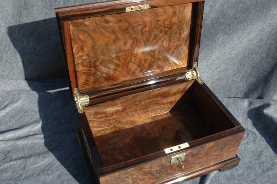 museum quality wooden box crotch walnut ebony trim lock handles open