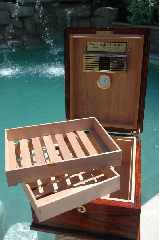 custom exotic cocobolo humidor lock handles  open trays inside