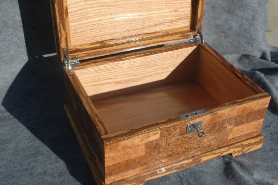 cherry burl handcrafted keepsake box with lock and trim