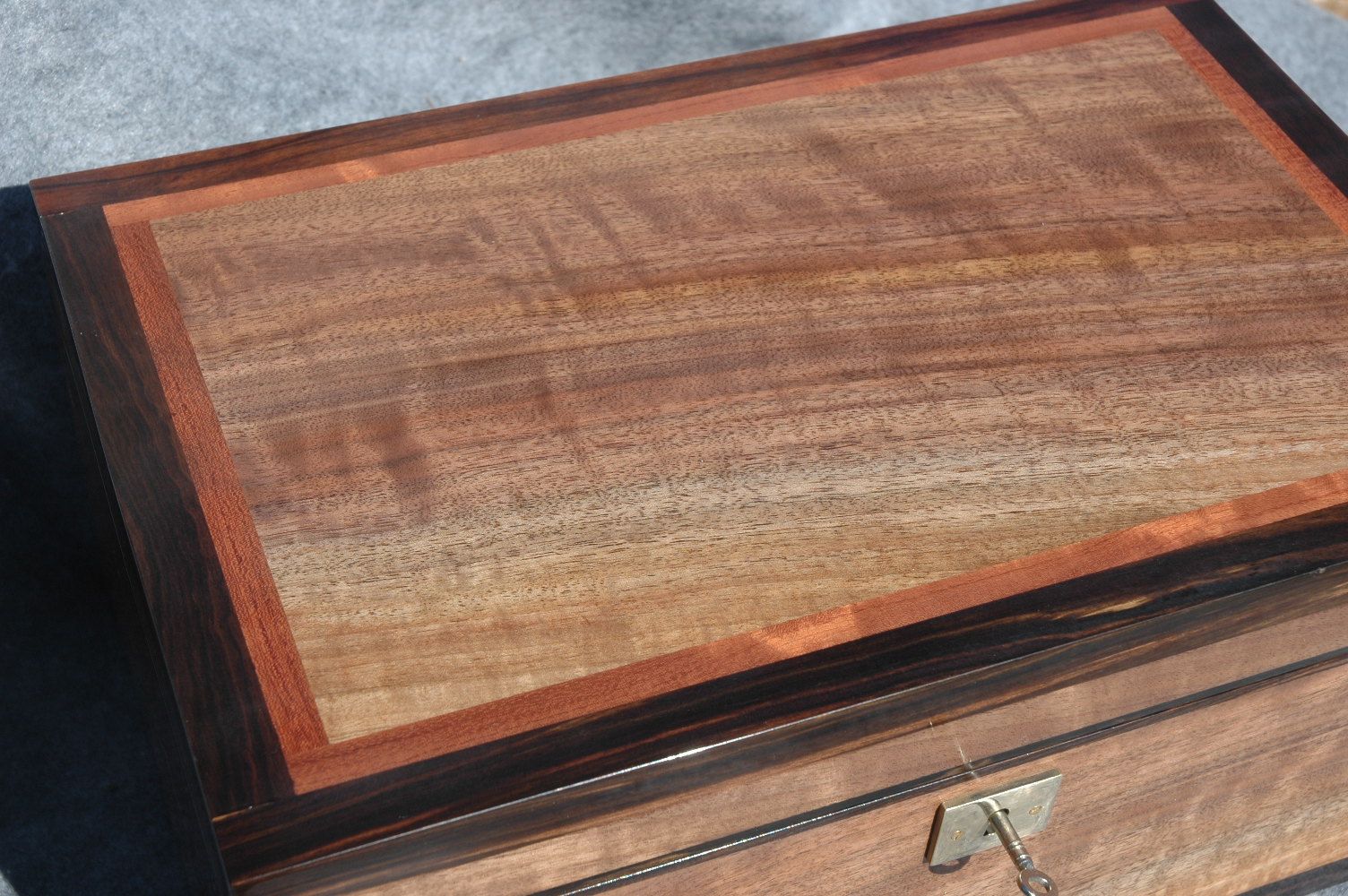 high quality keepsake box handcrafted with lock top front  Figured Walnut W/Ebony trim